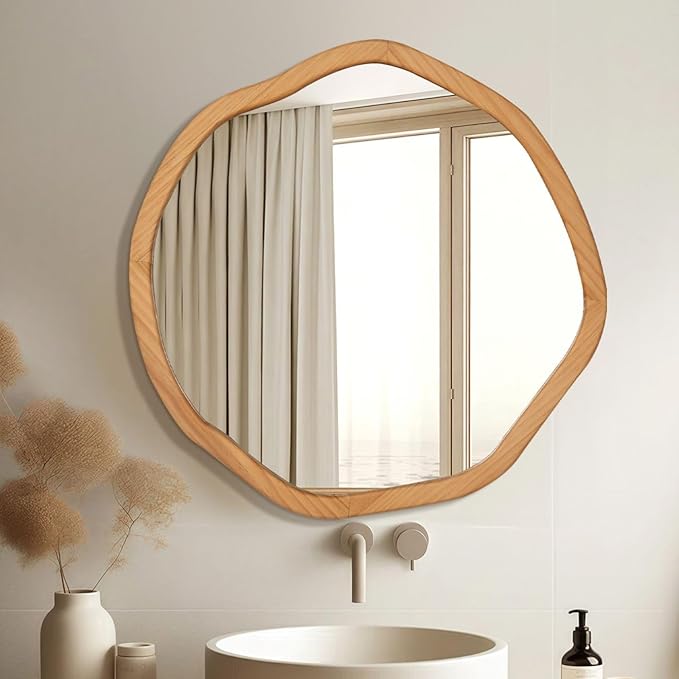 ULIKE Round Wood Mirror, 30 Inch Asymmetrical Circle Vanity Mirror by ULIKE