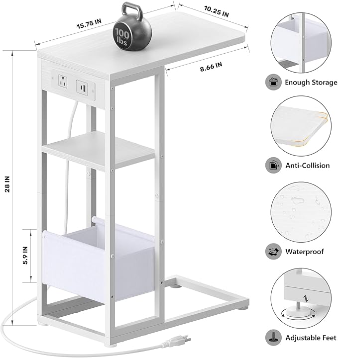 C Shaped End Table with Charging Station, Small Side Table - Image 3