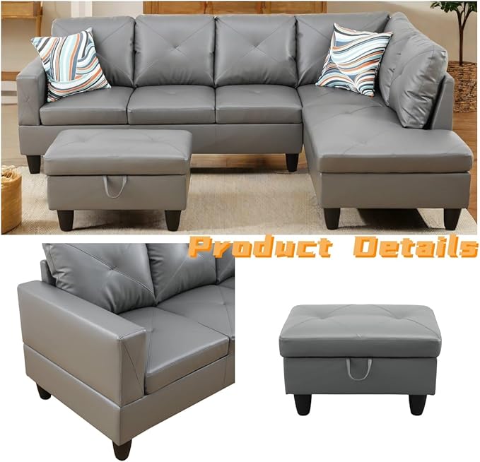 L Shaped Sectional Couch with Otttoman, Apartments, Dark Grey - Image 3