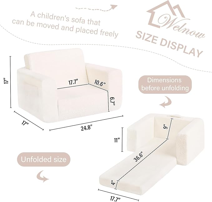 Welnow Toddler Chair, 2-in-1 Soft Sherpa Kids Sofa, Convertible Toddler Couch - Image 3