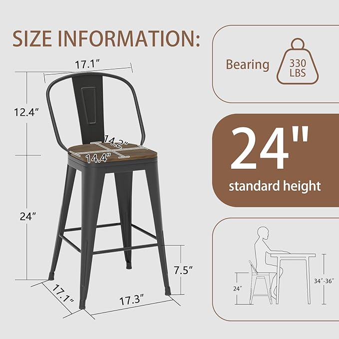 24” Swivel Bar Stools Set of 4, Counter Height Bar Stools Wooden Seat, Metal - Image 3