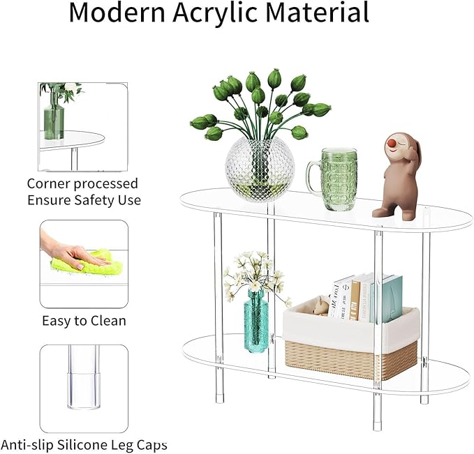 Clear Acrylic Console Table, 31.5" L x 11.8" W x 20" H, 2 Tier Oval Small - Image 4