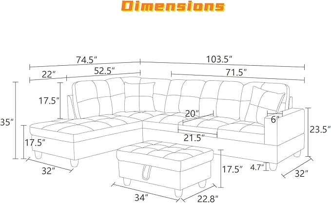 L Shaped Sectional Couch with Otttoman, Apartments, Light Grey - Image 2