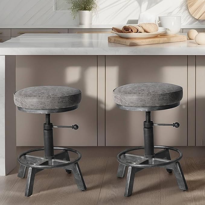 Vintage Short Bar Stools Swivel PU Seat 15-21inch Height Adjustable Extra Guest - Image 6