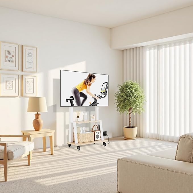 Mobile TV Stand with Power Outlet, Wood Shelf Portable TV Stand on Wheels - Image 6