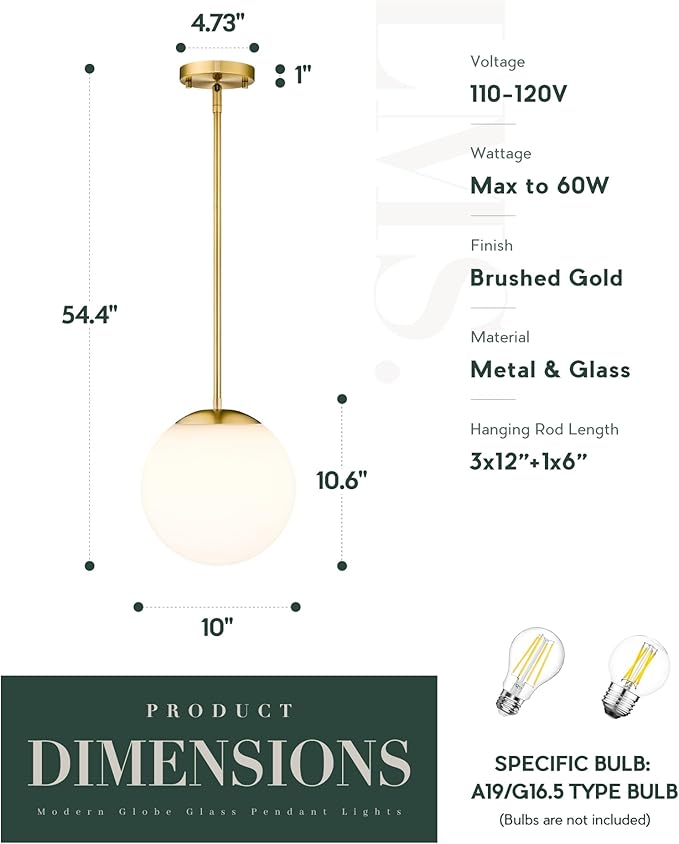 LMS 10 Inch Globe Pendant Lights, Brushed Gold Mid Century Kitchen Island Light - Image 4