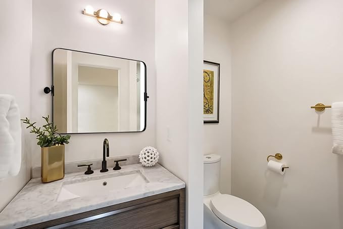 MOON MIRROR 30" x 22" Matte Black Rectangle Bathroom Mirror, Tilting Rounded - Image 2
