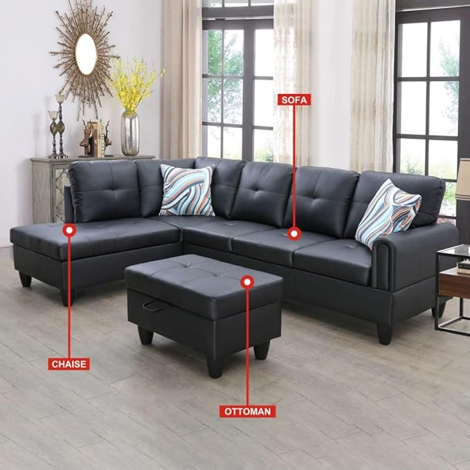 Black White L-Shaped 3-Piece Faux Leather Sofa - Image 3