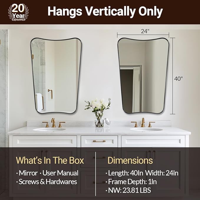 ANDY STAR Matte Black Mirror, 24x40 Inch Bathroom Vanity Mirror, Asymmetrical - Image 2