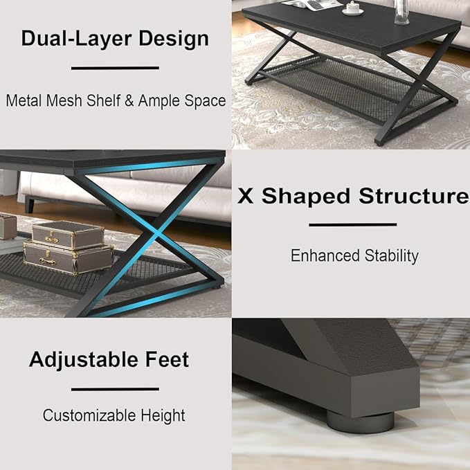 LVB Black Coffee Table, Metal Wood 2 Tier Center Tables - Image 7