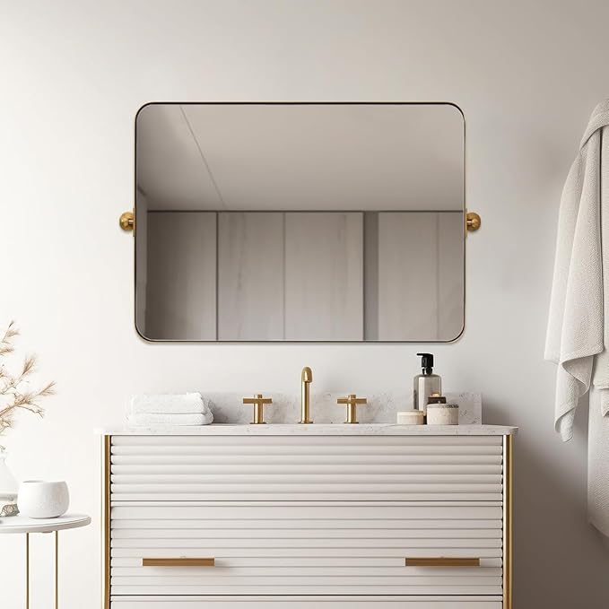 MOON MIRROR 30" x 22" Brushed Gold Rectangle Bathroom Mirror, Tilting Rounded - Image 2
