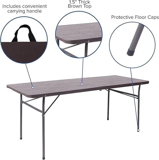 Flash Furniture Elijah 6-Foot Bi-Fold Brown Wood Grain Plastic Folding Table - Image 4