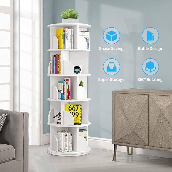 Nisorpa 5 Tier Rotating Bookshelf, 360° Revolving Bookcase Rotating Stackable - Image 9