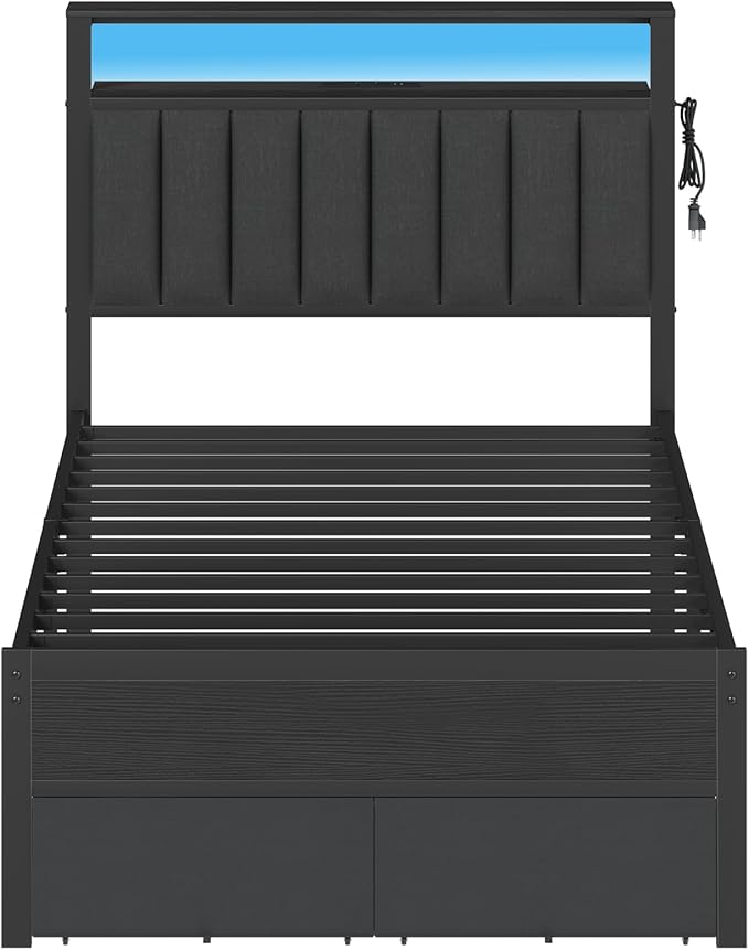 Furnulem Twin Bed Frames with Charging Station and LED Lights, Metal Platform - Image 9
