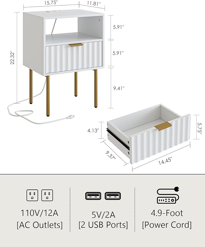 Masupu Nightstand with Charging Station, Mid-Century Modern Bedside Table with - Image 2