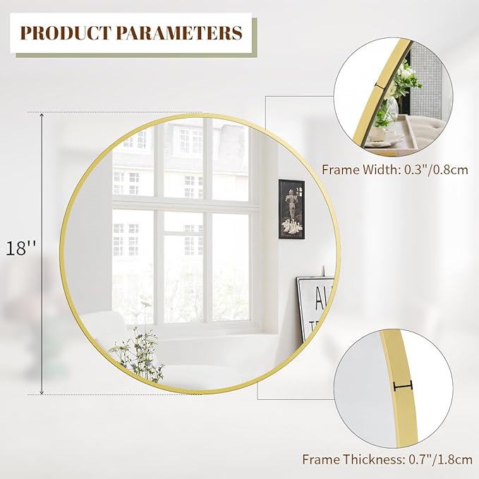 BEAUTYPEAK 18 Inch Round Mirror, Metal Frame Circle Mirror, Wall Mounted - Image 4