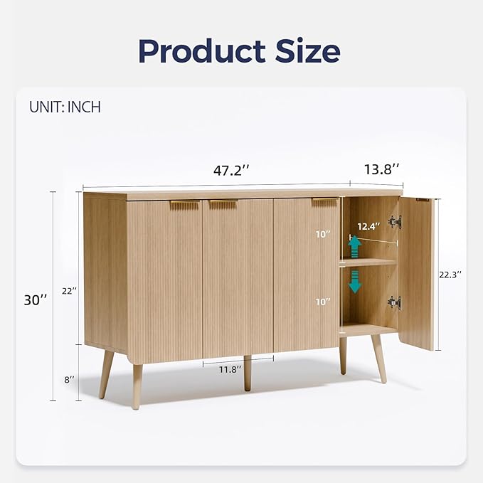 47.2" Buffet Cabinet with 4 Doors, Accent Sideboard Cabinet with Adjustable - Image 2