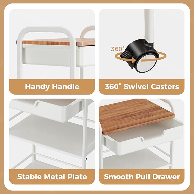 3 Tier Rolling Cart with Drawer, Metal Rolling Storage Cart with Table Top - Image 3