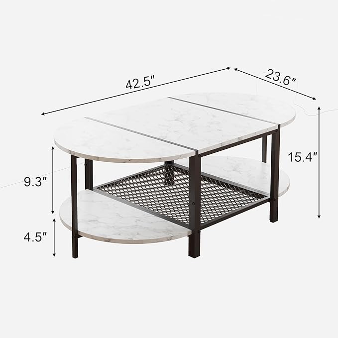 SENIG Oval Coffee Table with Faux Marble Top, 2-Tier Storage Shelf and Metal - Image 3