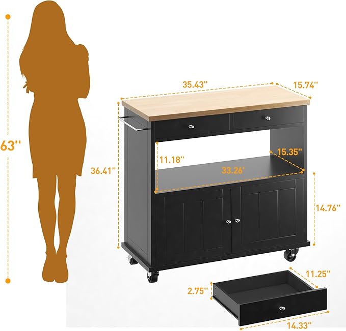 Rolling Kitchen Island with Storage Cabinet, 35.4'' Width Kitchen Cart - Image 4