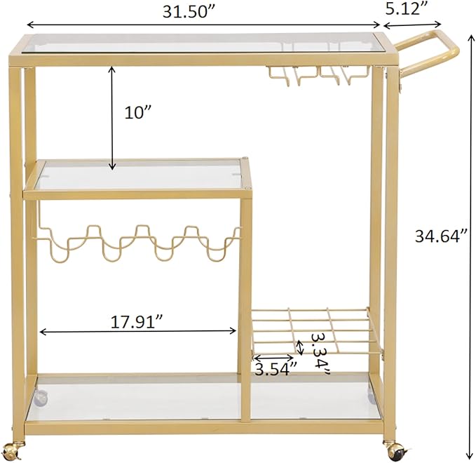Rolling Bar Carts Gold with Wheels, Home Bar Serving Cart with Glass Wine - Image 4