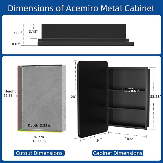 20x28 Inch Black Recessed Bathroom Medicine Cabinet - Image 2