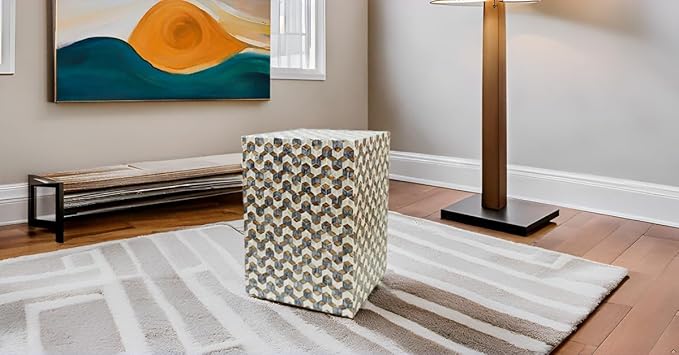 PEMAR Mother of Pearl Square Drum End Table Nacre Lacquer Side Bedside Accent - Image 4