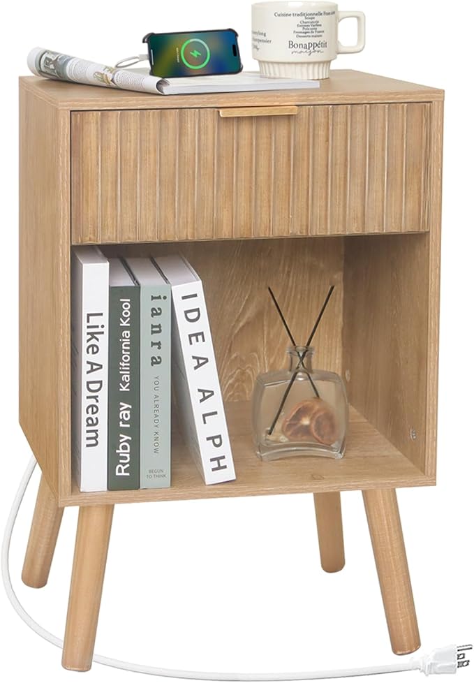 Wood Nightstand with Charging Station, Bedside Table with Fluted Drawers and by Fultyle