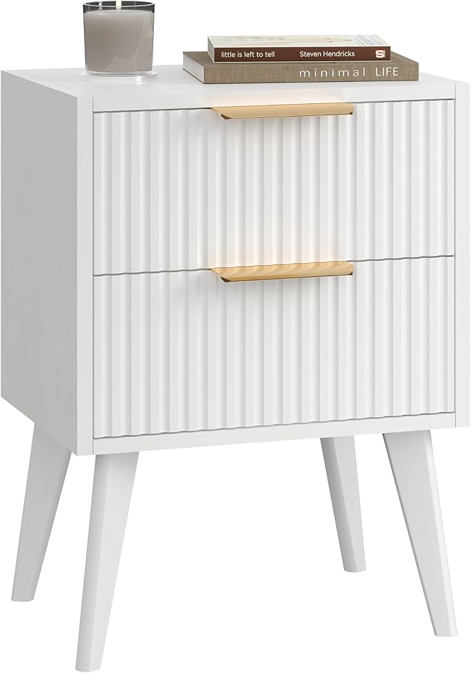 Fluted Nightstand with 2 Drawers, Modern Bedside Table with Metal Handles by YAUKOMEL