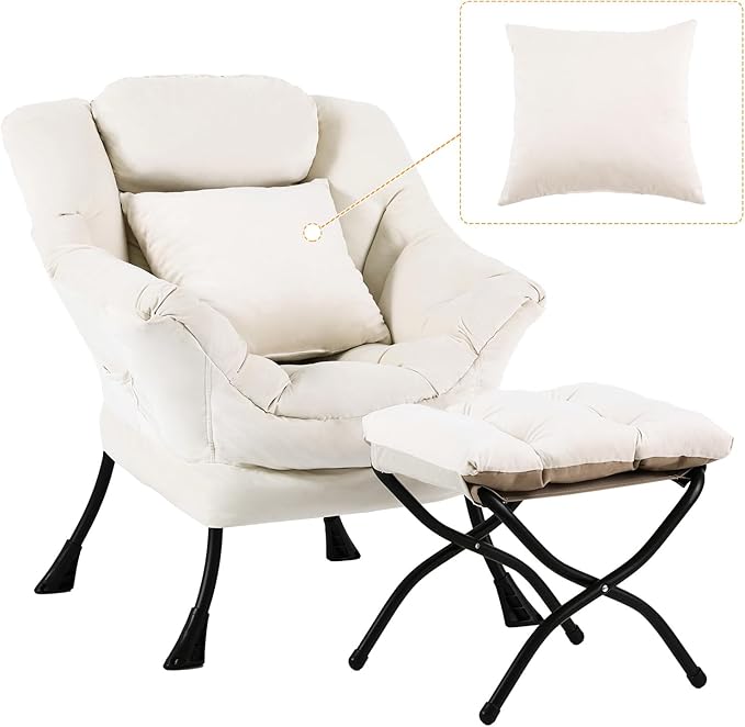 Lazy Chair with Ottoman, Comfy Reading Lounge Chair with Footstool & Throw by YOTATING
