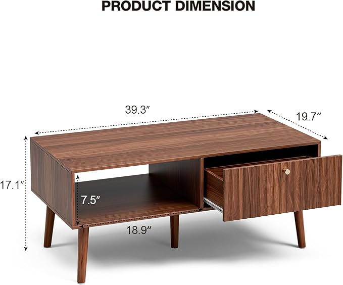 Coffee Table with Storage, Mid Century Dining Table with Fluted Drawer and - Image 2
