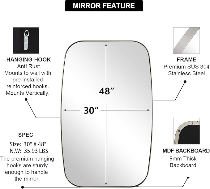 ANDY STAR Brushed Nickel Mirror, 30x48’’ Brushed Nickel Bathroom Oval Mirror - Image 6