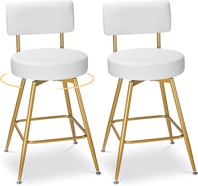 Gold White Bar Stools Set of 2, Modern Counter Height Bar Stools - Image 3