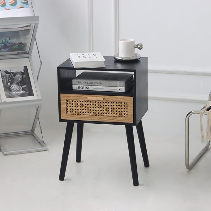 MaxSmeo End Table with Storage Mid Century Nightstand with Rattan Drawer and - Image 8