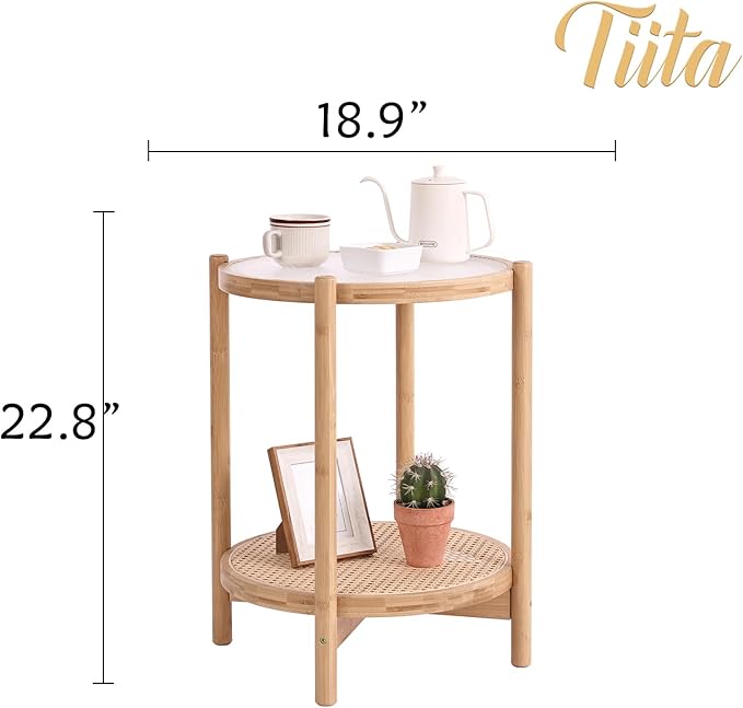 Tiita Rattan Nightstand Side Table, Bamboo Accent Bedside Tables, Glass Coffee - Image 3