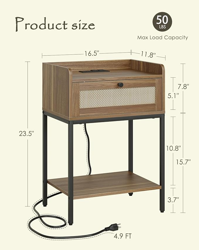 Nightstand with Charging Station, 3-Tier Bedside Table - Image 2