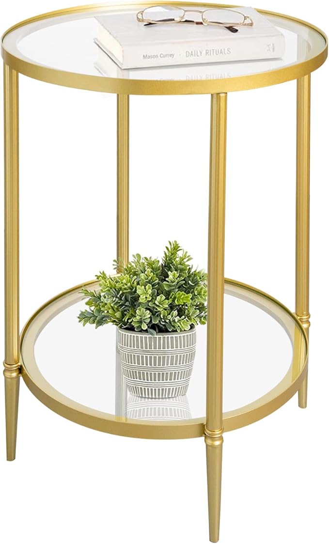 2 Tier Round Side Table, Modern Metal Clear Coffee Tables, Small Accent Tables by GIFTTROVE