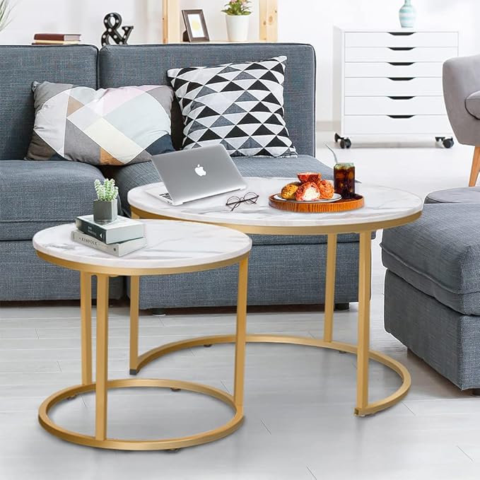 aboxoo Coffee Table Nesting White Set of 2 Side Set Golden Frame Circular Round - Image 2