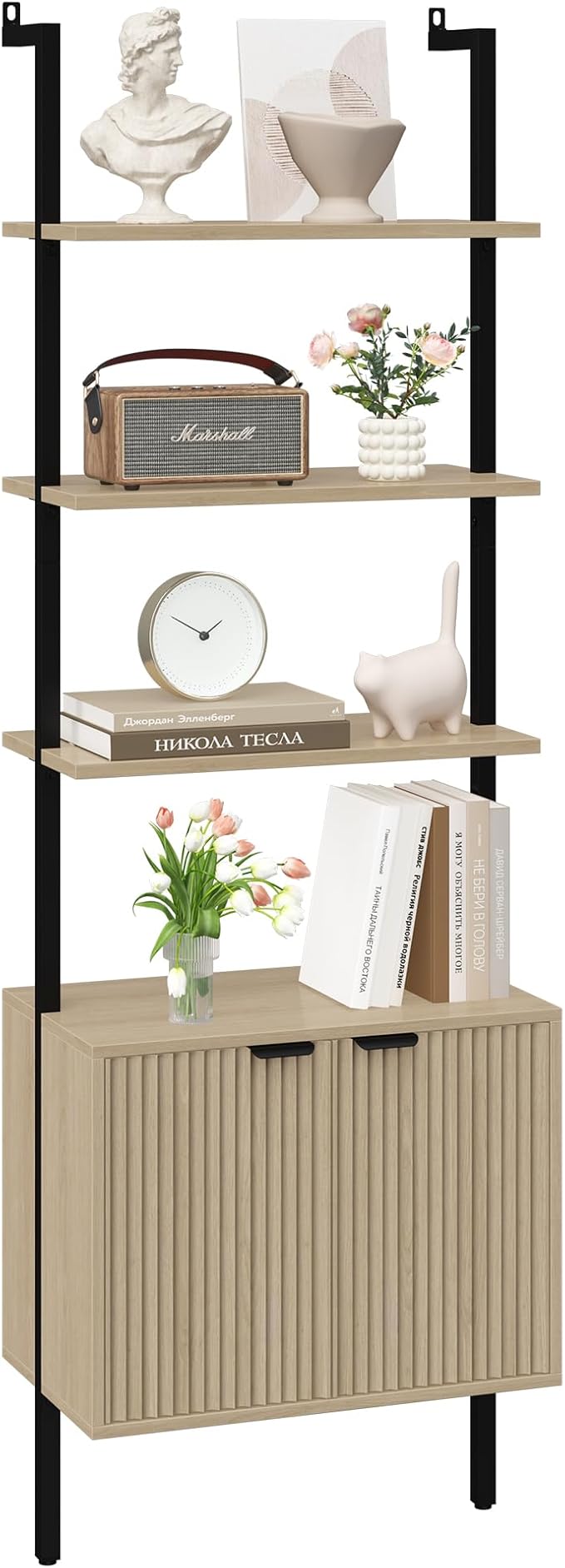 Yusong 73" Tall Bookshelf with Cabinet, Industrial Ladder Wall Mount Shelf by Yusong