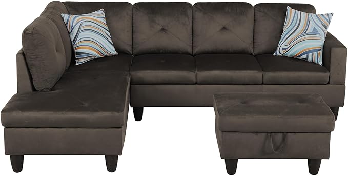 Grey L-Shaped 3-Piece Flannel Sofa by Unknown