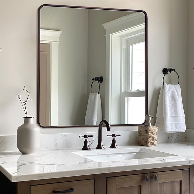 ANDY STAR 36x36 Inch Bronze Bathroom Mirror, Rounded Square Oil Rubbed Bronze - Image 8
