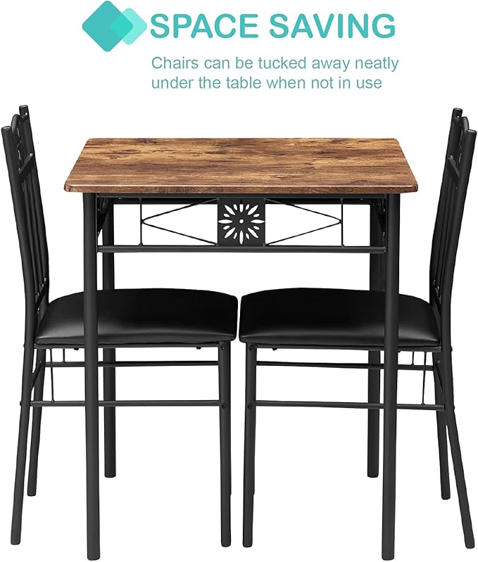 VECELO 3-Piece Dining Room Wooden Kitchen Table and Pu Cushion Chair Sets - Image 3