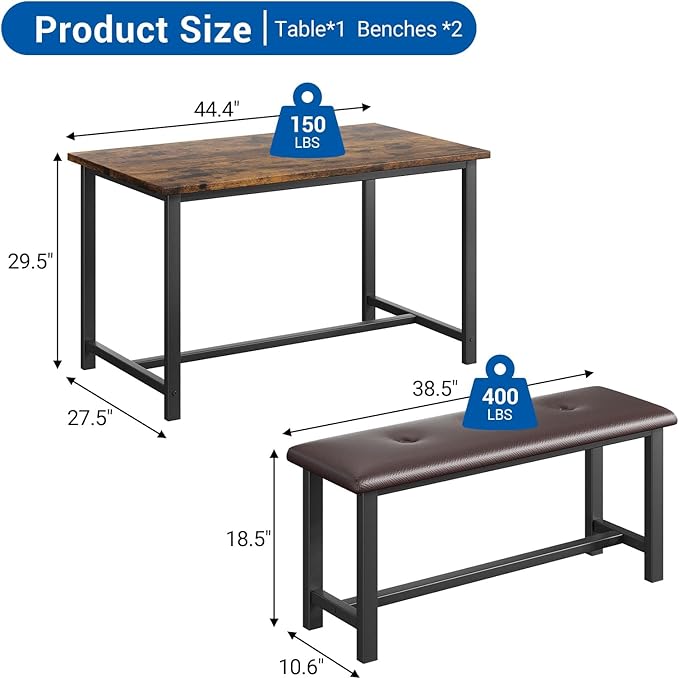 Garvee Dining Table with 2 Benches, Kitchen Table with 2 Upholstered Benches - Image 8