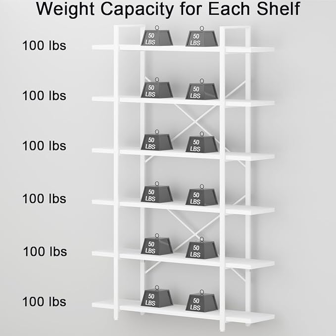 HSH 6 Tier Tall White Bookshelf, Industrial Modern Vertical Metal and Wood - Image 7