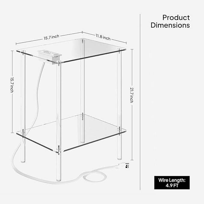 Eglaf Acrylic Side Table with Charging Station & USB Ports - Image 3