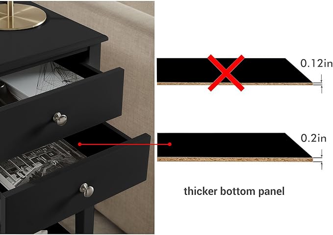 conifferism Black Nightstand, Large Sofa Side Table 2 Drawers, Modern Bedside - Image 7