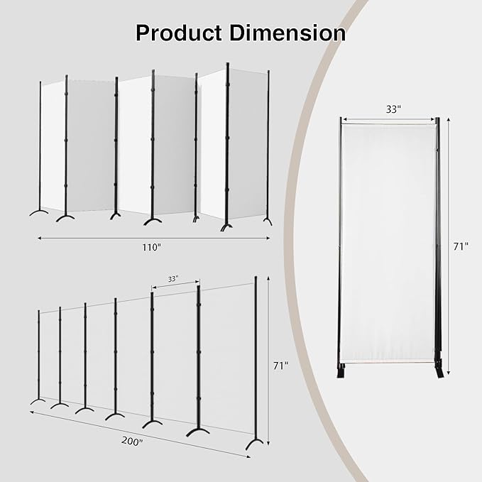 Room Divider 6-Panel Privacy Screen, Portable Screen Steel Frame - Image 2