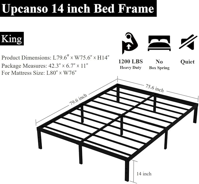 King Bed Frame No Box Spring Needed, 14 Inch Heavy Duty King Platform Bed Frame - Image 3