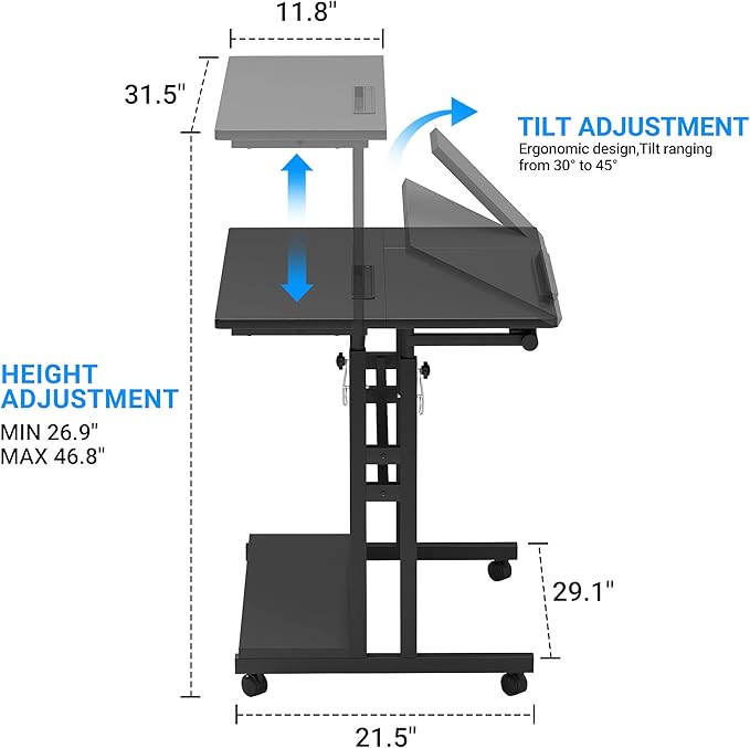 Mobile Standing Desk, Adjustable Rolling Computer Desk - Image 3