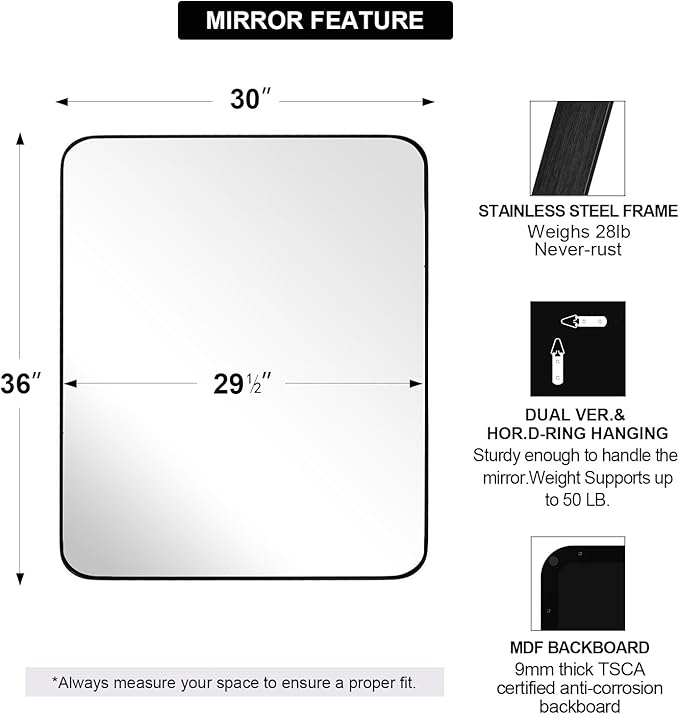 ANDY STAR Wall Mirror for Bathroom, 30x36 Matte Black Bathroom Mirror, Modern - Image 3
